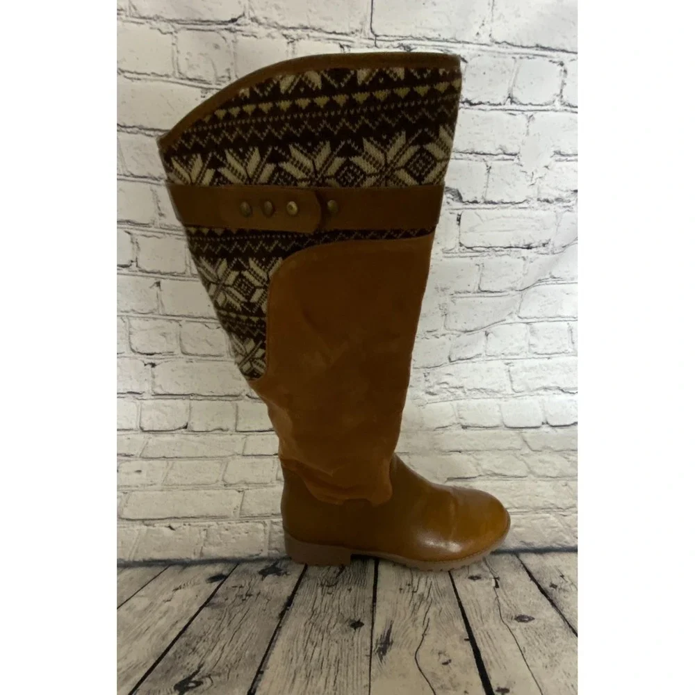 Womens‎ Knee High Boots EU 37 US 6.5 Brown Fair Isle Side Zip Faux Suede Riding